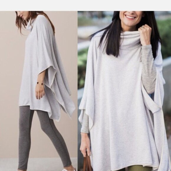 Lou & Grey Signaturesoft Cozy Tipped Poncho Sweater Top in Heather Gray XS/S - Picture 1 of 15